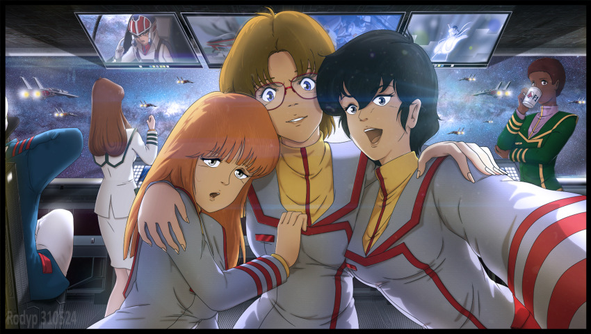2boys 6+girls afro arguing black_hair brown_hair bruno_j._global choujikuu_yousai_macross claudia_lasalle dark_skin dress fleet glasses grin hat hayase_misa highres ichijou_hikaru kim_kamirov lisa_hayes long_hair looking_at_viewer lynn_minmay macross military_uniform multiple_boys multiple_girls music nebula orange_hair pilot rick_hunter robotech rodypaxten science_fiction screen sdf-1 selfie shammy_milliome short_hair singing smile space spacecraft spacecraft_interior spanish_commentary star_(symbol) star_symbol_background thrusters u.n._spacy vanessa_laird variable_fighter vf-1 window