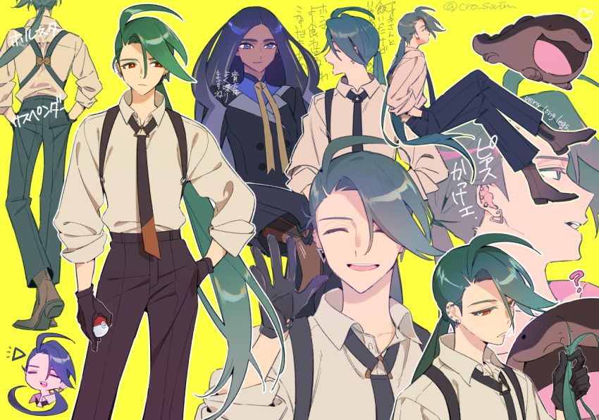 2girls ? ahoge black_hair blue_eyes clodsire closed_eyes crossed_legs dark-skinned_female dark_skin earrings english_text formal_clothes from_behind geeta_(pokemon) gloves green_hair hands_in_pockets holding holding_poke_ball jewelry long_hair multiple_girls multiple_views necktie nintendo pants poke_ball pokemon pokemon_sv ponytail red_eyes rika_(pokemon) shirt shoes shougo-akira simple_background sitting smile split_ends standing suit suspenders very_long_hair waving yellow_background