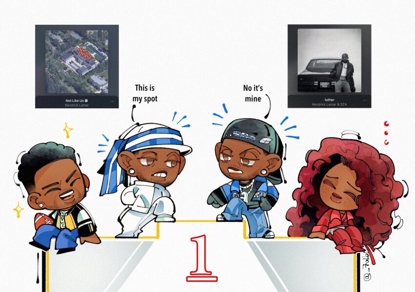 1girl 3boys ^_^ american_football_(object) backwards_hat ball baseball_cap black_shirt blue_jacket blue_pants brown_eyes chibi closed_eyes commentary dark-skinned_female dark-skinned_male dark_skin denim dj_mustard drenched-in-sunlight dual_persona earrings english_commentary english_text frown gnx_(kendrick_lamar) hair_behind_ear hat jacket jeans jewelry kendrick_lamar laughing multiple_boys necklace not_like_us open_mouth pants parted_lips real_life red_hair red_jacket red_pants red_shirt red_shoes shirt shoes sitting smile sparkle sweatpants sza_(singer) twitter_username v-shaped_eyebrows white_hat white_jacket white_pants white_shirt yellow_jacket