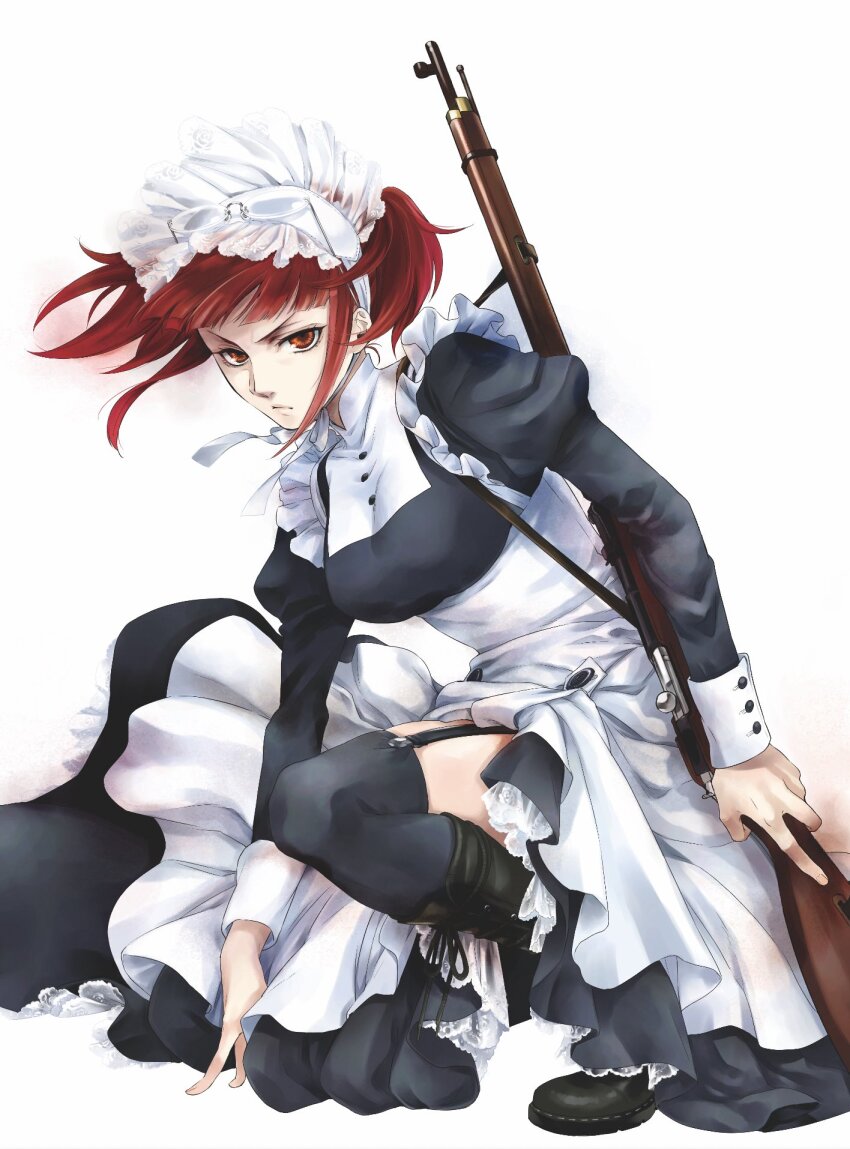 1girl apron black_boots black_dress black_thighhighs bolt_action boots collared_dress dress eyewear_on_head frills garter_straps glasses gun highres holding holding_gun holding_weapon juliet_sleeves knee_boots kuroshitsuji long_dress long_sleeves maid maid_apron maid_headdress medium_hair meirin_(kuroshitsuji) mosin-nagant official_art on_one_knee puffy_sleeves red_eyes red_hair rifle rimless_eyewear shirt simple_background sleeve_cuffs sniper_rifle solo thighhighs toboso_yana twintails weapon white_apron white_shirt