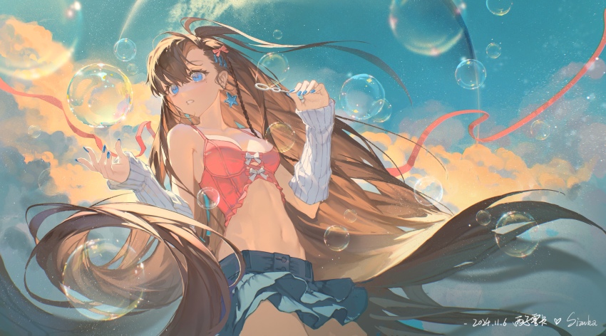 1girl absurdres arm_warmers artist_name blowing_bubbles blue_eyes blue_nails blue_skirt borrowed_character bow braid breasts brown_hair bubble_wand camisole chinese_commentary commentary_request cowboy_shot crop_top dated earrings hair_bow hair_ornament hairclip highres jewelry long_hair mole mole_under_eye nail_polish navel original parted_lips red_bow red_camisole sizuka_(komorilian) skirt small_breasts solo star_(symbol) star_earrings very_long_hair