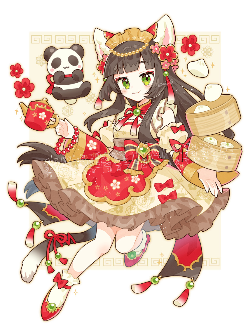 1girl :3 absurdres animal_ears bare_shoulders blunt_bangs blush bow bow_legwear brown_hair brown_sash cat_ears cat_girl cat_tail closed_mouth commentary_request detached_sleeves dress flower food frilled_dress frills full_body green_eyes hair_flower hair_ornament hand_up highres long_hair long_sleeves looking_at_viewer neck_ribbon obi original red_bow red_ribbon red_shoes ribbon saijo1201 sash shoes signature smile socks solo steamed_bun tail tail_ornament tail_ribbon watermark white_socks wide_sleeves yellow_dress yellow_sleeves