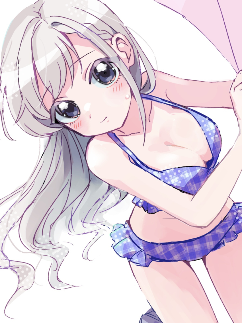 1girl bikini blue_bikini blush braid braided_bangs breasts cleavage closed_mouth commentary_request cowboy_shot dutch_angle floating_hair frilled_bikini frills grey_eyes grey_hair highres hisakawa_hayate idolmaster idolmaster_cinderella_girls kanipoposu long_hair looking_at_viewer medium_breasts single_sidelock solo swimsuit very_long_hair