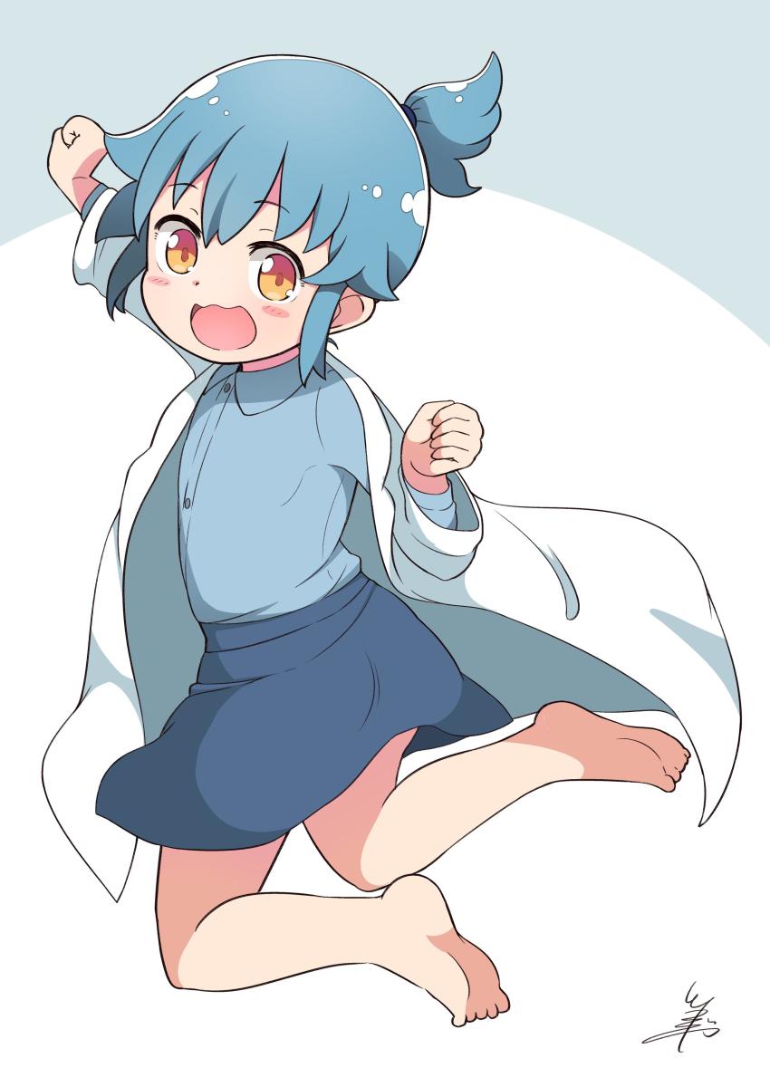 1girl absurdres barefoot blue_shirt blue_skirt clenched_hands collared_shirt commentary_request female_focus highres jumping lab_coat long_sleeves personification ponytail shirt sidelocks signature simple_background skirt solo tsukigi twitter twitter-san_(character) twitter-san_(tsukigi) white_background yellow_eyes
