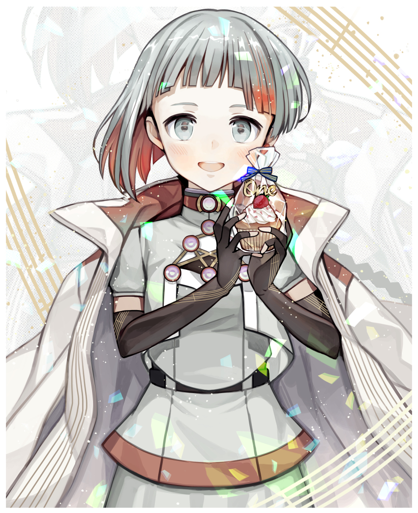 1girl absurdres bag black_gloves bridal_gauntlets cevio chis-a colored_inner_hair commentary confetti cupcake elbow_gloves food fruit gloves green_eyes green_hair green_shirt highres holding holding_bag holding_food kari_kenji light_blush looking_at_viewer multicolored_hair open_mouth orange_hair shirt short_hair smile solo musical_staff straight-on strawberry two-tone_hair upper_body voisona white_background zoom_layer