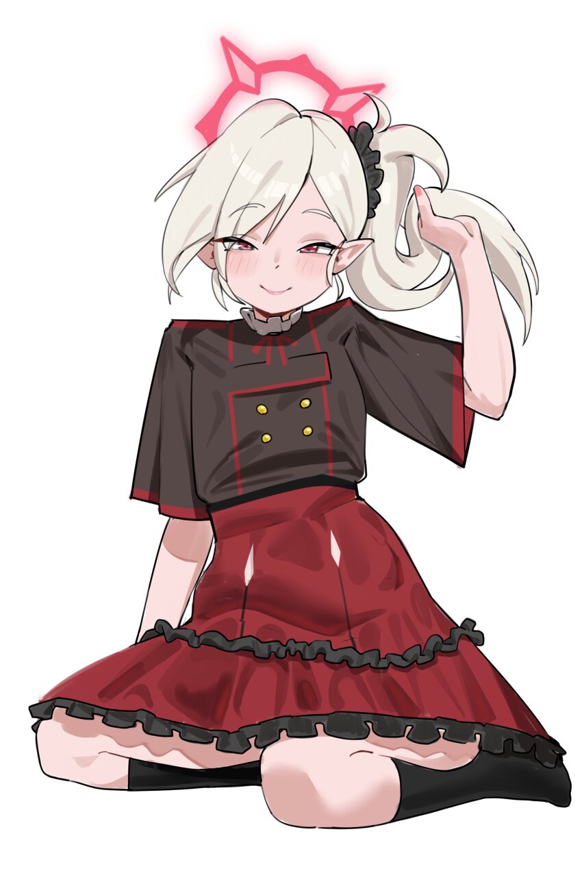 1girl absurdres black_shirt black_shoes blue_archive blush buttons closed_mouth commentary english_commentary grey_hair hair_lift half-closed_eyes halo high_side_ponytail highres long_hair looking_at_viewer mutsuki_(blue_archive) no_shoes pink_halo pointy_ears r-dragon red_eyes red_skirt shirt shoes short_sleeves simple_background sitting skirt smile smug solo white_background