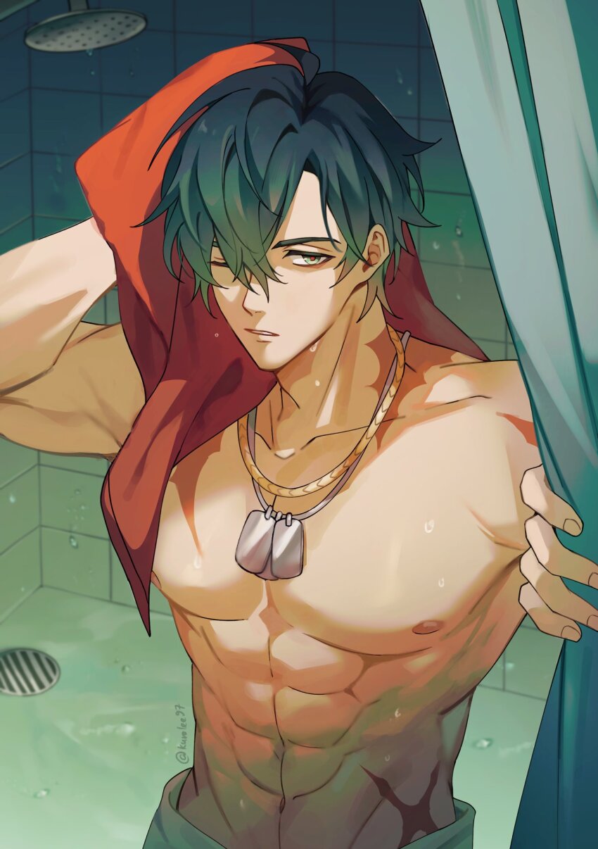 1boy abs ahoge arm_up artist_name blue_hair collarbone commentary crossed_bangs dog_tags drain_(object) english_commentary green_eyes hair_between_eyes highres holding holding_towel indoors jewelry kuro_lee lighter_(zenless_zone_zero) looking_at_viewer male_focus multiple_scars muscular muscular_male navel necklace nipples one_eye_closed parted_bangs parted_lips pectorals scar scar_on_chest scar_on_shoulder scar_on_stomach short_hair shower_(place) shower_curtain shower_head solo stomach tile_wall tiles topless_male towel towel_around_waist twitter_username upper_body wet zenless_zone_zero