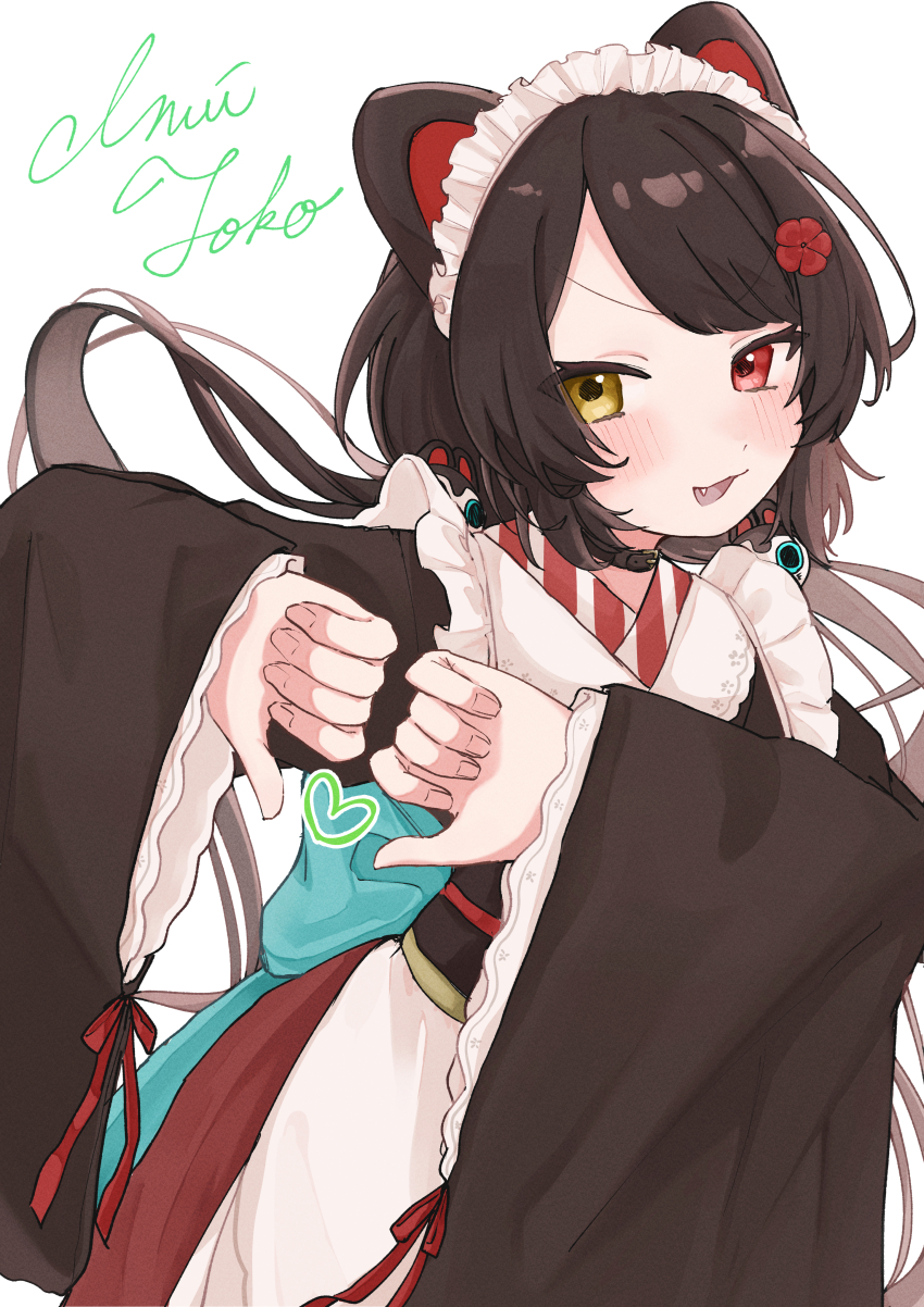 1girl 3znk :3 absurdres animal_ears animal_hair_ornament brown_collar brown_hair brown_kimono character_name collar commentary_request dog_ears double_thumbs_down fang flower frills hair_flower hair_ornament heart heterochromia highres inui_toko inui_toko_(1st_costume) japanese_clothes kimono long_hair long_sleeves looking_at_viewer low_twintails maid_headdress nijisanji open_mouth red_eyes red_skirt simple_background skirt smile solo thumbs_down_heart_hands twintails upper_body v-shaped_eyebrows very_long_hair virtual_youtuber white_background white_headdress wide_sleeves yellow_eyes