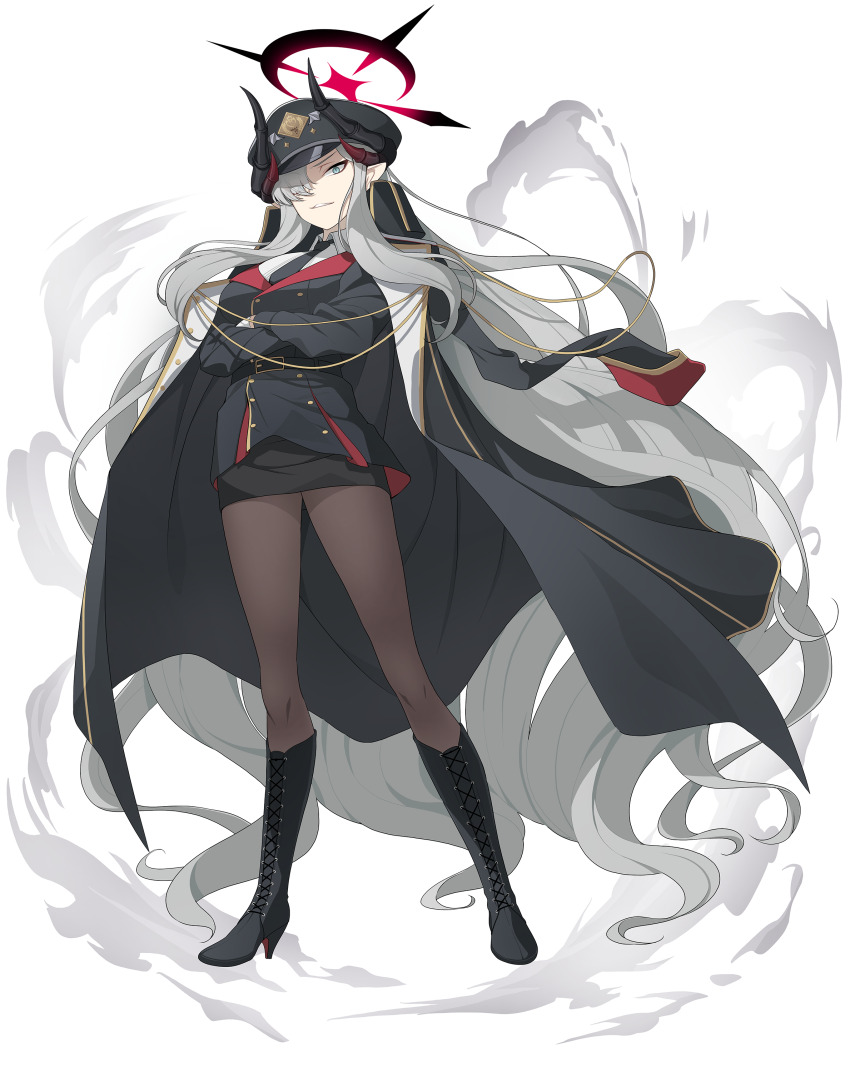 1girl absurdres arms_under_breasts black_boots black_hat black_jacket black_necktie black_skirt blue_archive blue_eyes boots breasts brown_pantyhose collared_shirt commentary_request crossed_arms full_body grey_hair hair_over_one_eye halo hat high_heel_boots high_heels highres horns jacket jacket_on_shoulders koflif lace-up_boots long_hair makoto_(blue_archive) medium_breasts necktie pantyhose peaked_cap shirt simple_background skirt smile solo standing very_long_hair white_background white_shirt