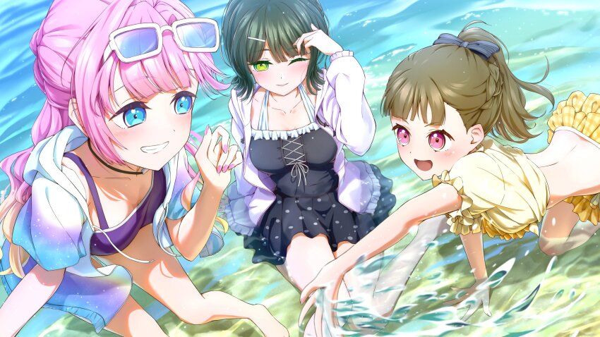 3girls :d ;) all_fours anyoji_hime anyoji_hime_(swimsuit) back barefoot beach bent_over bikini black_one-piece_swimsuit black_ribbon blue-tinted_eyewear blue_eyes blunt_bangs blush braid breasts brown_hair center_cross_lace cleavage closed_mouth collarbone commentary_request covered_navel cross-laced_clothes cross-laced_one-piece_swimsuit eyewear_on_head flipped_hair frilled_bikini frilled_one-piece_swimsuit frills gradient_clothes gradient_jacket green_eyes green_hair grin hair_intakes hair_ornament hair_ribbon hairclip half_up_braid half_updo highres hood hood_down hooded_jacket jacket jacket_over_swimsuit kachimachi_kosuzu kachimachi_kosuzu_(swimsuit) link!_like!_love_live! long_hair looking_at_another love_live! medium_breasts medium_hair momose_ginko momose_ginko_(swimsuit) multiple_girls official_alternate_costume one-piece_swimsuit one_eye_closed open_clothes open_jacket open_mouth outdoors pink_eyes pink_hair pink_nails polka_dot_one-piece_swimsuit ponytail prbili purple_bikini ribbon ruffle_bikini short-sleeved_jacket short_hair short_sleeves sidelocks sitting smile standing swept_bangs swimsuit swimsuit_skirt tied_jacket tinted_eyewear v-shaped_eyebrows virtual_youtuber wariza wavy_hair white-framed_eyewear white_jacket yellow_bikini yellow_jacket