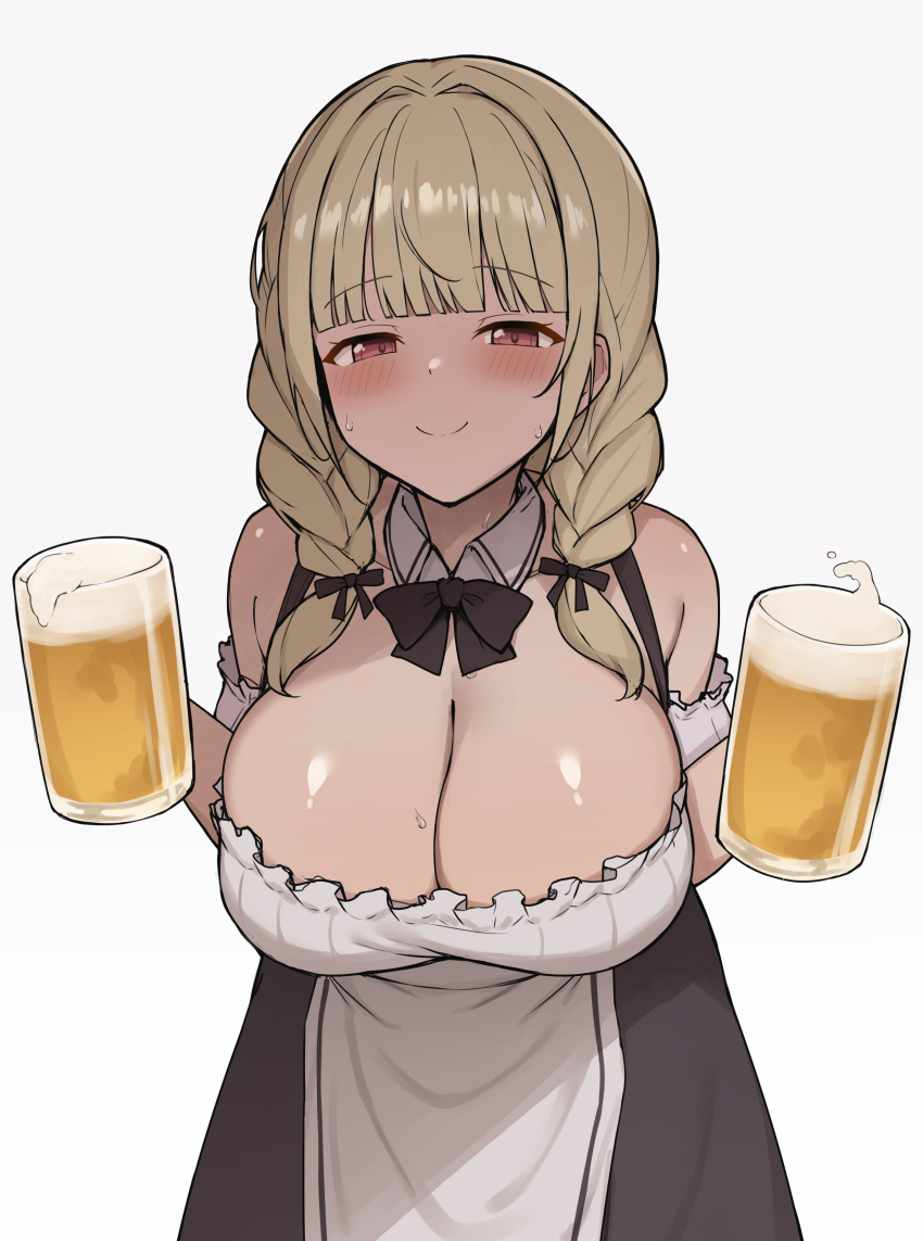 1girl absurdres alcohol alternate_costume arm_cuffs bare_shoulders barmaid beer beer_mug black_bow black_bowtie black_dress black_ribbon blonde_hair blunt_bangs blush bow bowtie braid breasts brown_eyes cleavage closed_mouth commentary_request cup detached_collar dirndl dress drink frills german_clothes hair_intakes hair_ribbon hands_up highres holding holding_cup holding_drink huge_breasts kogara_toto large_breasts leaning_forward looking_at_viewer low_neckline medium_hair moriartea mug paid_reward_available ribbon seductive_smile shiny_skin simple_background smile solo split_mouth sweat tareme twin_braids upper_body virtual_youtuber vspo! white_background