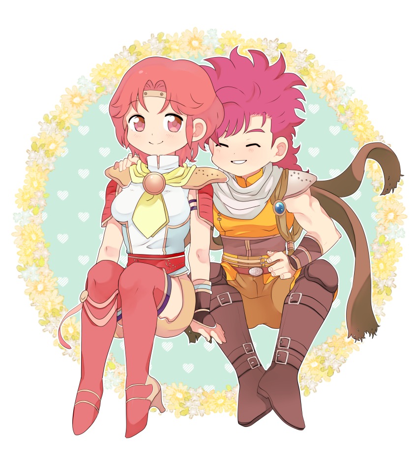 13domon 1boy 1girl ^_^ absurdres armband armor bad_id bad_pixiv_id bat_(hokuto_no_ken) belt big_dipper boots closed_eyes closed_eyes floral_background flower goggles hand_on_another&#039;s_shoulder headband heart heart_pattern high_heels highres hokuto_no_ken lin_(hokuto_no_ken) mozuku_(13domon) muscular neckerchief purple_hair red_eyes red_hair short_hair shoulder_pads sitting smile teeth
