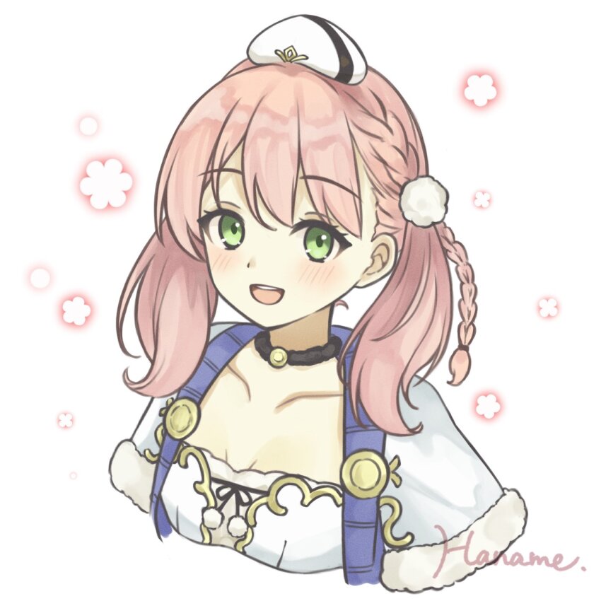 1girl atelier_(series) atelier_escha_&amp;_logy blush collarbone commentary_request escha_malier green_eyes hanachocolate30 hat highres looking_at_viewer open_mouth pink_hair smile solo twintails upper_body white_hat