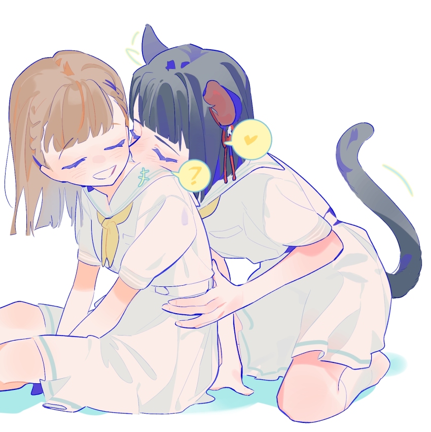 2girls ? animal_ears black_hair blunt_bangs blunt_ends blush bob_cut braid breast_pocket brown_hair cat_ears cat_girl cat_tail center-flap_bangs closed_eyes commentary_request dress feet_out_of_frame flower flower_knot full_body grin hair_flower hair_ornament heart highres kachimachi_kosuzu kemonomimi_mode link!_like!_love_live! long_hair love_live! momose_ginko multiple_girls no_shoes nose_blush pipi_(m1x_mix) pocket sailor_collar sailor_dress short_hair side_braids simple_background sitting smile socks speech_bubble spoken_heart spoken_question_mark summer_uniform tail u_u virtual_youtuber white_background white_dress white_flower white_sailor_collar white_socks yuri