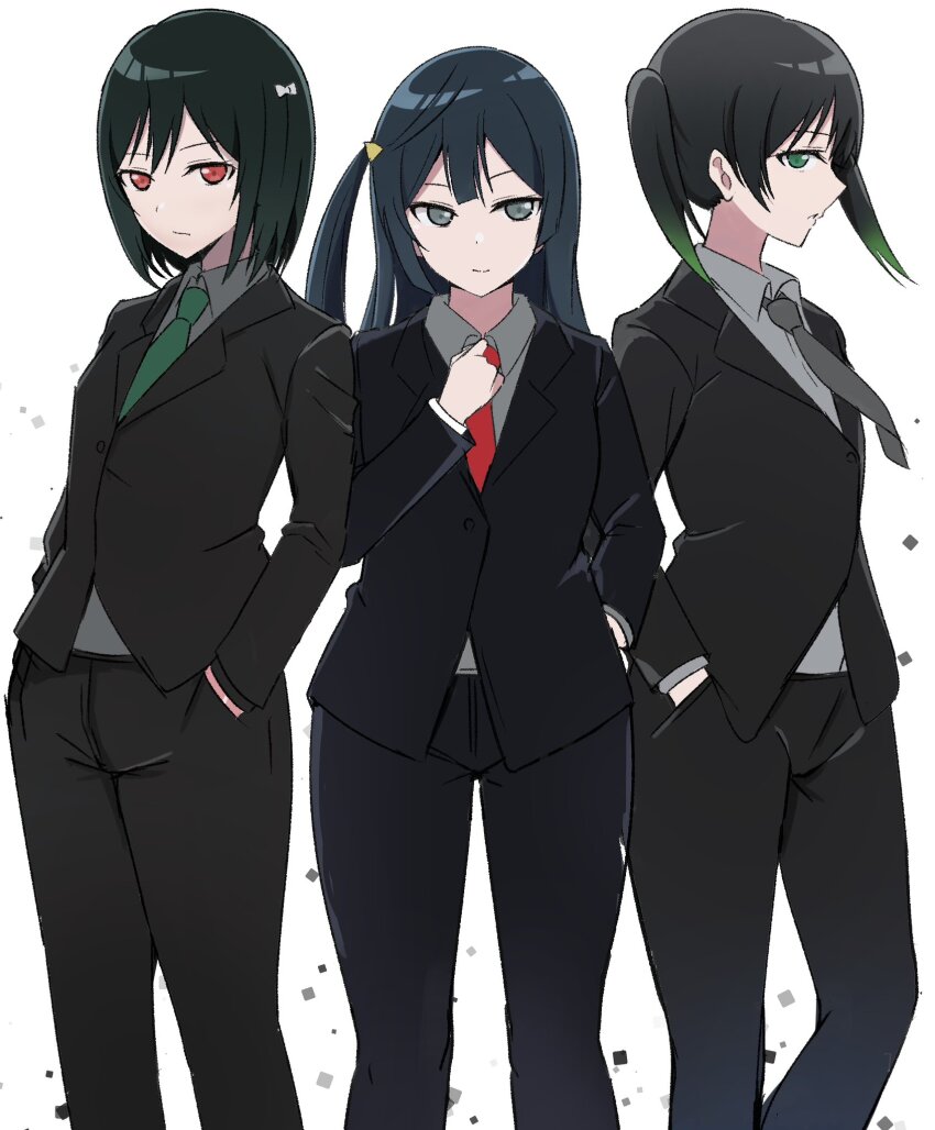 3girls black_hair black_suit bob_cut expressionless formal_clothes gradient_hair grey_shirt hands_in_pockets highres love_live! love_live!_nijigasaki_high_school_idol_club mifune_shioriko multicolored_hair multiple_girls necktie shirt side_ponytail suit takasaki_yu twintails wewe yuki_setsuna