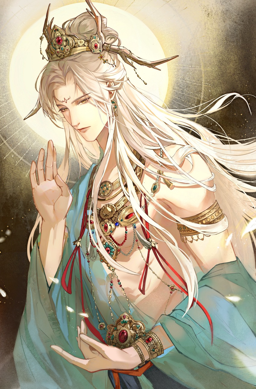 1boy abhaya_mudra absurdres aqua_robe armlet bracelet chinese_clothes closed_mouth curtained_hair dunhuang_style earrings expressionless facial_mark fake_antlers forehead_mark gold_bracelet gold_earrings gold_necklace hadanugi_dousa halo halo_behind_head highres jewelry light_and_night_love light_particles lips long_hair long_sleeves looking_at_viewer male_focus necklace open_kimono parted_bangs qi_sili red_ribbon ribbon sideways_glance single_bare_shoulder solo toned toned_male topknot upper_body white_hair wide_sleeves xiao_guan_(headdress) yellow_eyes youshangdexianyuwangzi
