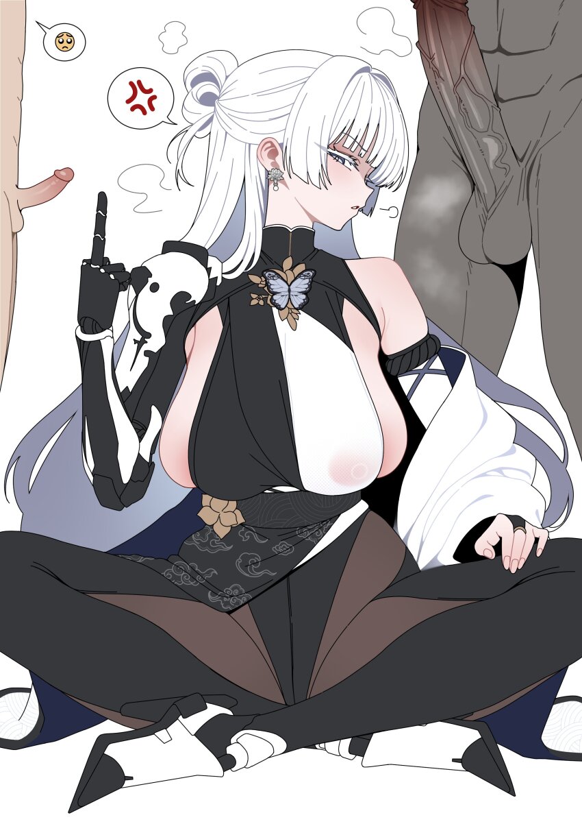 1girl 2boys absurdres anger_vein breasts clothed_female_nude_male commentary dark-skinned_male dark_skin earrings erection goddess_of_victory:_nikke hetero highres humiliation indian_style jewelry large_breasts large_penis long_hair middle_finger multiple_boys nayuta_(nikke) netorare nude penis penis_size_difference simple_background single_bare_shoulder sitting skindentation small_penis small_penis_humiliation solo_focus spoken_anger_vein symbol-only_commentary testicles tewaki uncensored very_long_hair white_background white_eyes white_hair