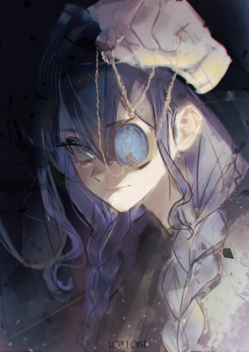 1girl absurdres artist_name black_dress blue_eyes blue_hair braid closed_mouth dress gloves highres hololive hololive_english long_hair low_twin_braids official_alternate_costume official_alternate_hairstyle ouro_kronii ouro_kronii_(maid) pocket_watch solo twin_braids virtual_youtuber watch white_gloves yorulost