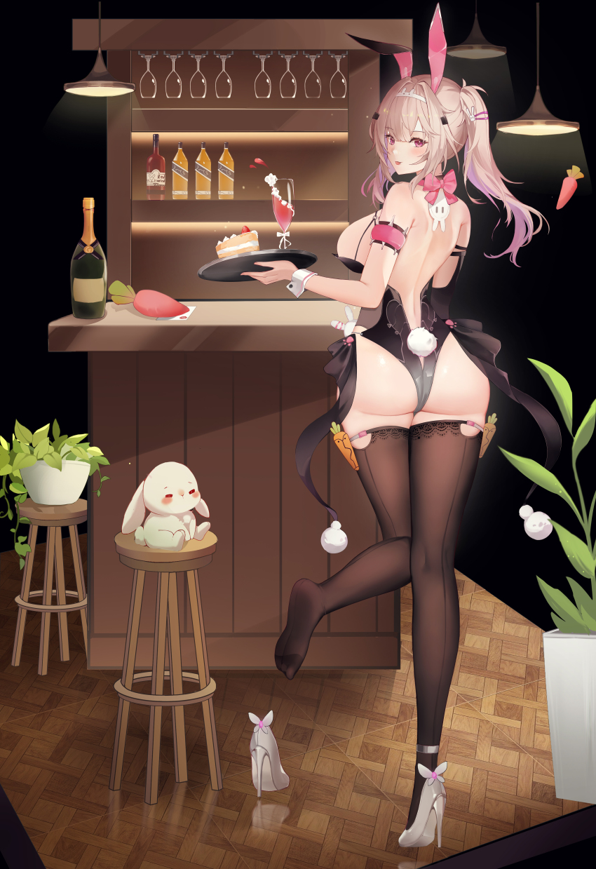 1girl absurdres animal_ears ass backless_leotard baige_chen breasts brown_hair fake_animal_ears fake_tail full_body high_heels highres holding holding_tray large_breasts leotard marian_andreotti official_alternate_costume playboy_bunny ponytail purple_eyes rabbit_ears rabbit_tail side_ponytail sideboob snowbreak:_containment_zone solo strapless strapless_leotard tail thighhighs tray white_wrist_cuffs wrist_cuffs
