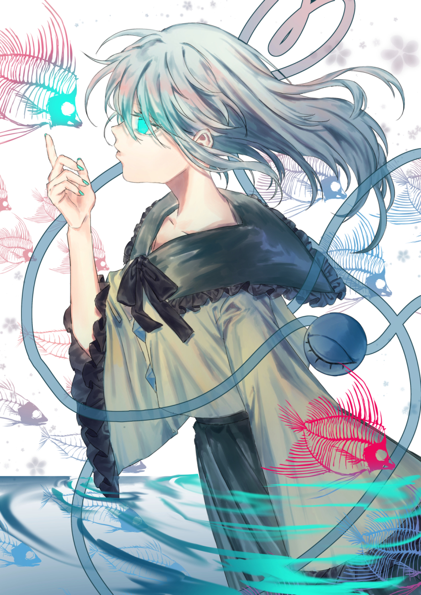 1girl ama_asagi aqua_eyes aqua_nails black_bow black_bowtie bow bowtie buttons closed_mouth collarbone commentary cowboy_shot diamond_button fingernails fish frilled_shirt_collar frilled_sleeves frills from_side green_hair green_skirt hand_up heart heart_of_string highres komeiji_koishi lips long_hair long_sleeves looking_at_animal nail_polish no_headwear no_headwear ripples shirt skeleton skirt solo third_eye touhou wading water wide_sleeves yellow_shirt