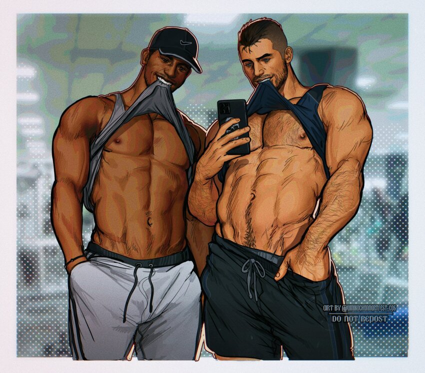 2boys abs bara bare_pectorals baseball_cap black_hair black_shorts black_tank_top call_of_duty call_of_duty:_modern_warfare_2 clothes_lift dark-skinned_male dark_skin facial_hair gaz_(call_of_duty_4) grey_shorts grey_tank_top hand_in_pocket hat highres holding holding_phone large_pectorals male_focus male_underwear male_underwear_peek multiple_boys muscular muscular_male navel nipples pectorals phone short_hair shorts soap_(modern_warfare_2) tank_top teeth twitter_username umikochannart underwear