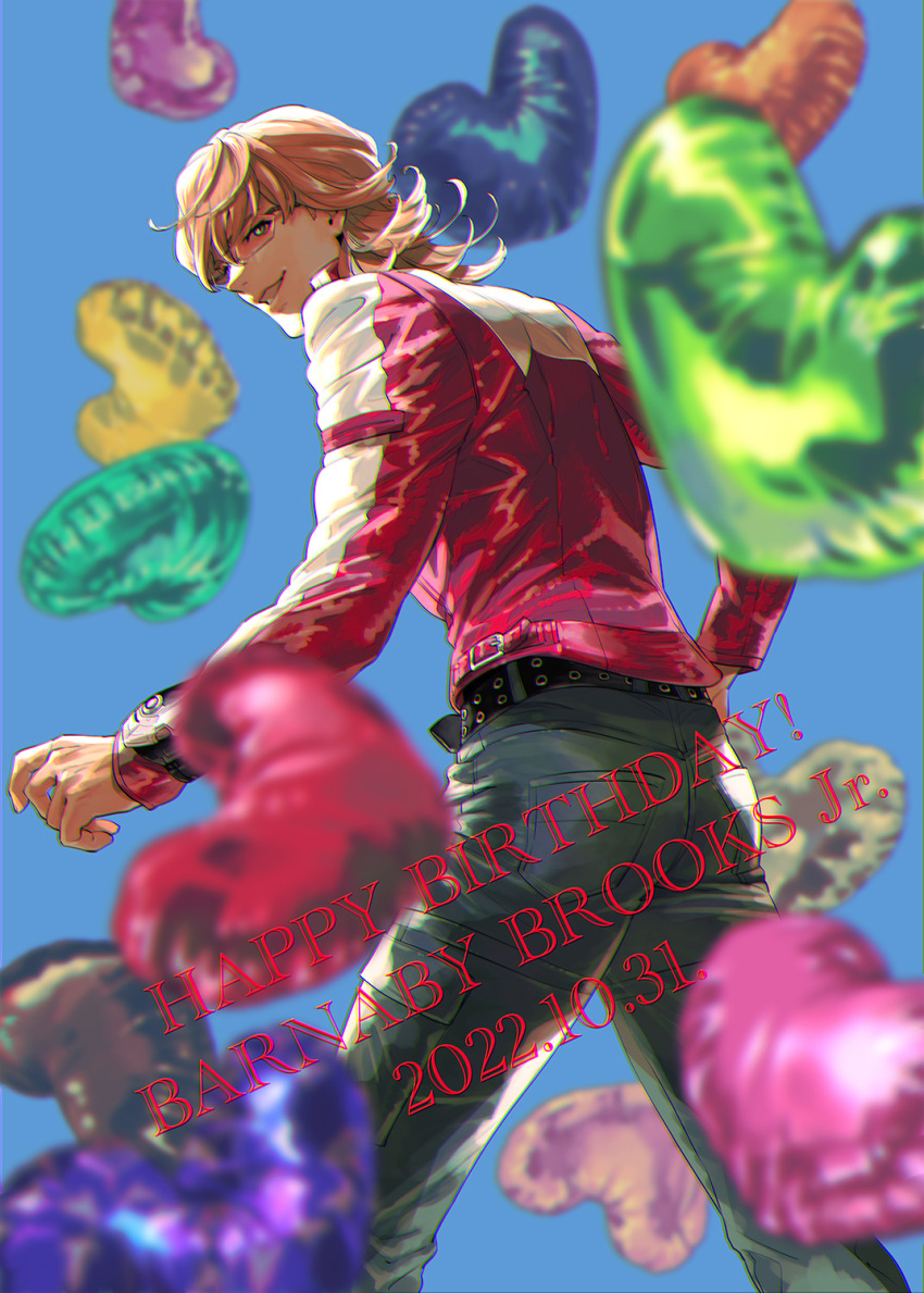 1boy arm_up balloon barnaby_brooks_jr. belt belt_buckle black_belt blonde_hair blue_pants blue_sky buckle character_name commentary dated denim english_text feet_out_of_frame green_eyes happy_birthday heart_balloon highres jacket jeans long_hair long_sleeves looking_at_viewer male_focus mamemo_(daifuku_mame) multicolored_jacket multiple_belts orange-tinted_eyewear pants red_belt rimless_eyewear sky smile solo studded_belt teeth tiger_&amp;_bunny tinted_eyewear