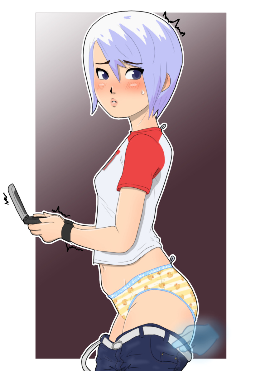 1boy 1girl another_code ashley_mizuki_robbins belt blue_eyes blush body_blush breasts clothes_pull cottonkeystrokes d_(another_code) denim embarrassed ghost handheld_game_console highres hip_bones midriff navel nintendo nintendo_ds panties pants pants_pull patterned_clothing pulling_another&#039;s_clothes shiny_skin shirt short_hair small_breasts striped_clothes striped_panties t-shirt thighs underwear white_hair wristband