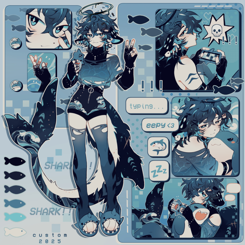 ! !! 1boy black_gloves black_hair blue_hair blush borrowed_character cellphone closed_mouth elbow_gloves english_text fingerless_gloves fins fish_tail gloves hair_ornament hairclip highres male_focus maru_xian messy_hair original phone shark shark_boy shark_tail short_hair slippers smartphone smile solo speech_bubble spoken_skull tail thighhighs torn_clothes torn_thighhighs x_hair_ornament