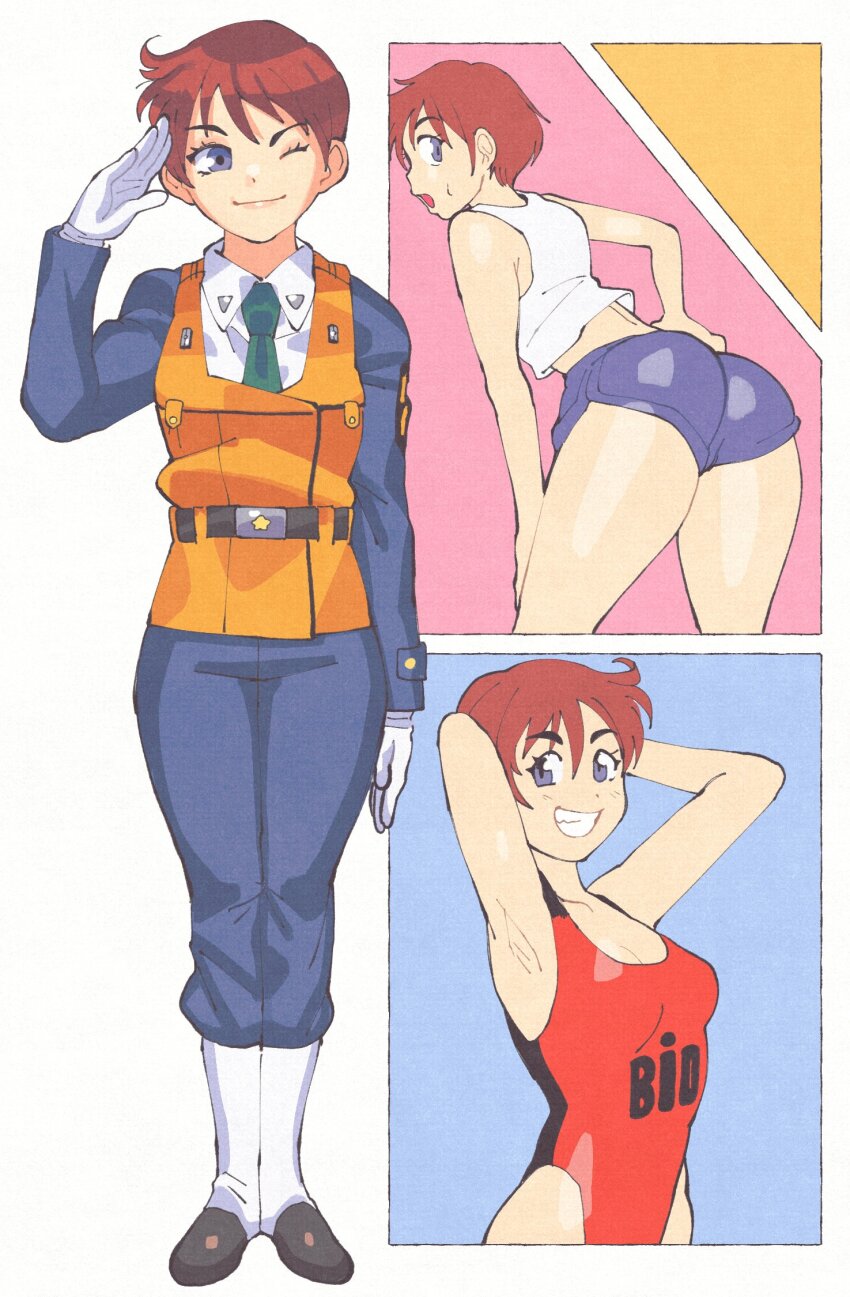 1girl arm_at_side armpits arms_up ass blue_eyes breasts brown_hair cleavage closed_mouth commentary commission english_commentary fold-over_collar full_body gloves green_necktie hand_on_own_hip highres inkerton-kun izumi_noa kidou_keisatsu_patlabor leotard looking_at_viewer necktie one_eye_closed open_mouth police police_uniform policewoman salute second-party_source short_hair short_shorts shorts smile solo sweatdrop swimsuit tank_top uniform_vest very_short_hair white_gloves white_tank_top