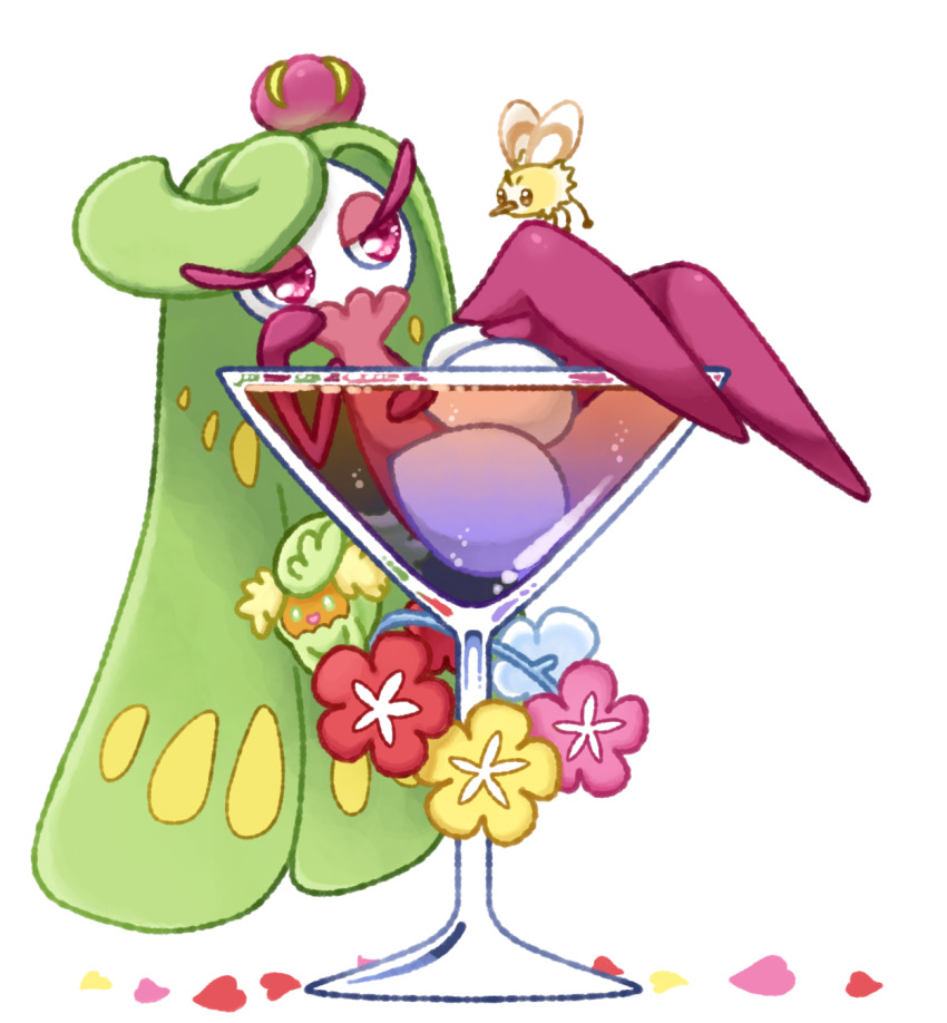 1girl boots brown_eyes cocktail_glass colored_skin comfey creatures_(company) crossed_legs cup cutiefly drink drinking_glass eye_contact female_focus flower food food_focus game_freak gen_7_pokemon green_eyes green_hair half-closed_eyes happy highres in_food long_hair looking_at_another monster_girl muguet multicolored_skin nintendo no_feet open_mouth partially_submerged petals pink_flower plant_girl pokemon pokemon_(creature) purple_eyes purple_footwear purple_skin red_flower smile solo_focus swept_bangs thigh_boots tsareena two-tone_skin very_long_hair white_flower white_skin yellow_flower