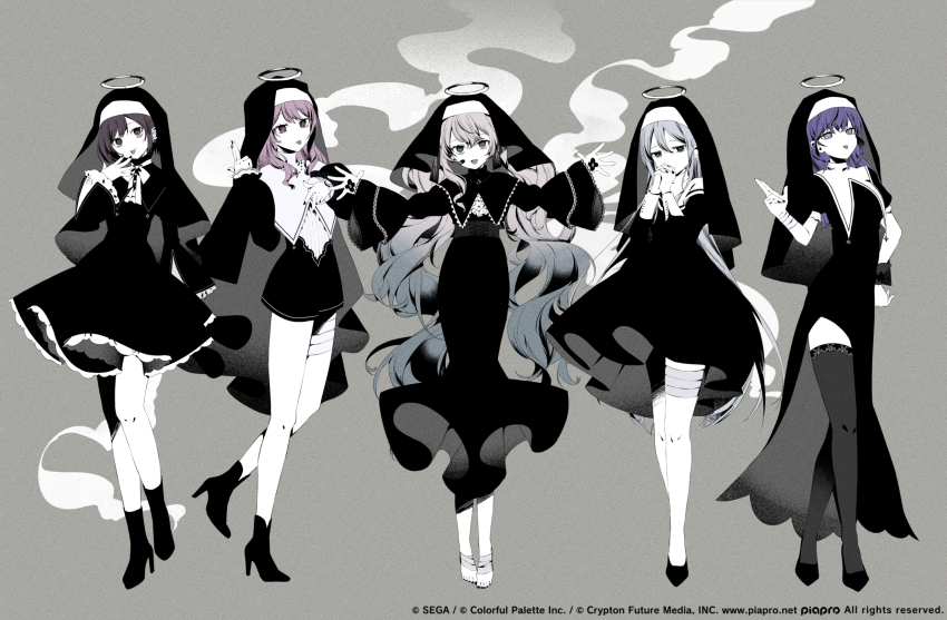 1other 25-ji_miku 25-ji_nightcord_de._(project_sekai) 4girls akiyama_mizuki asahina_mafuyu bandaged_wrist bandages barefoot black_capelet black_dress blue_eyes brown_eyes brown_hair capelet commentary_request covered_mouth crossed_fingers dress finger_gun frilled_sleeves frills green_eyes habit hatsune_miku heterochromia highres kamippoina_(vocaloid) long_sleeves looking_at_viewer multiple_girls official_art omutatsu outstretched_arms partially_colored pink_eyes pink_hair praying project_sekai purple_eyes purple_hair ringed_eyes shinonome_ena short_sleeves spread_arms tongue tongue_out vocaloid yoisaki_kanade