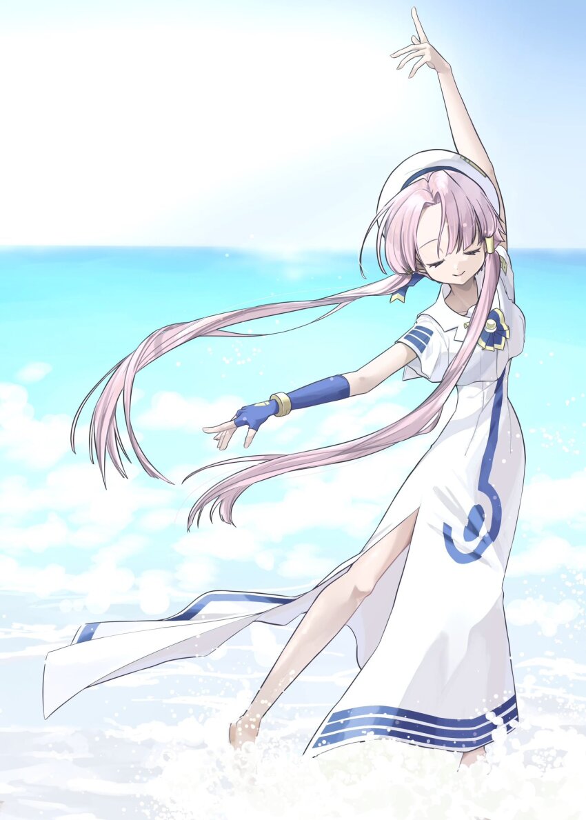 1girl aogirism aria_(manga) aria_company_uniform arm_up barefoot beach beret blue_bow blue_bowtie blue_gloves blue_ribbon bow bowtie bracelet closed_eyes commentary_request day dress eyelashes fingerless_gloves gloves hair_tubes hat hat_ribbon highres impossible_clothes impossible_dress jewelry legs mizunashi_akari ocean parted_bangs pink_hair print_dress ribbon short_hair_with_long_locks short_sleeves side_slit single_glove smile solo tiptoes wading white_dress white_hat