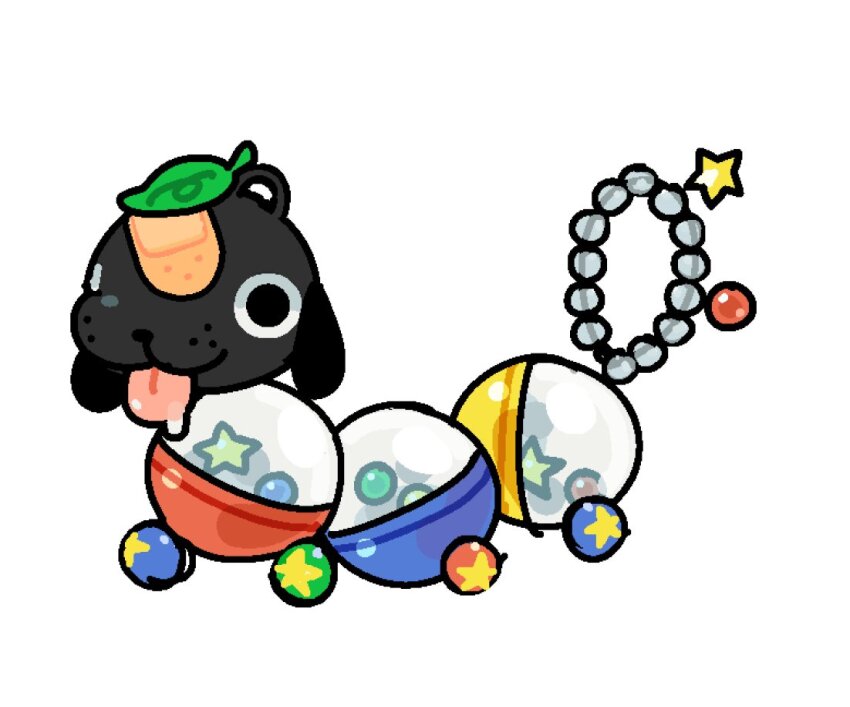 animal_focus bandaid black_dog black_eyes charm_(object) creature creature_focus dog gashapon jaltoid leaf leaf_on_head no_humans original simple_background solo star_(symbol) tongue tongue_out white_background