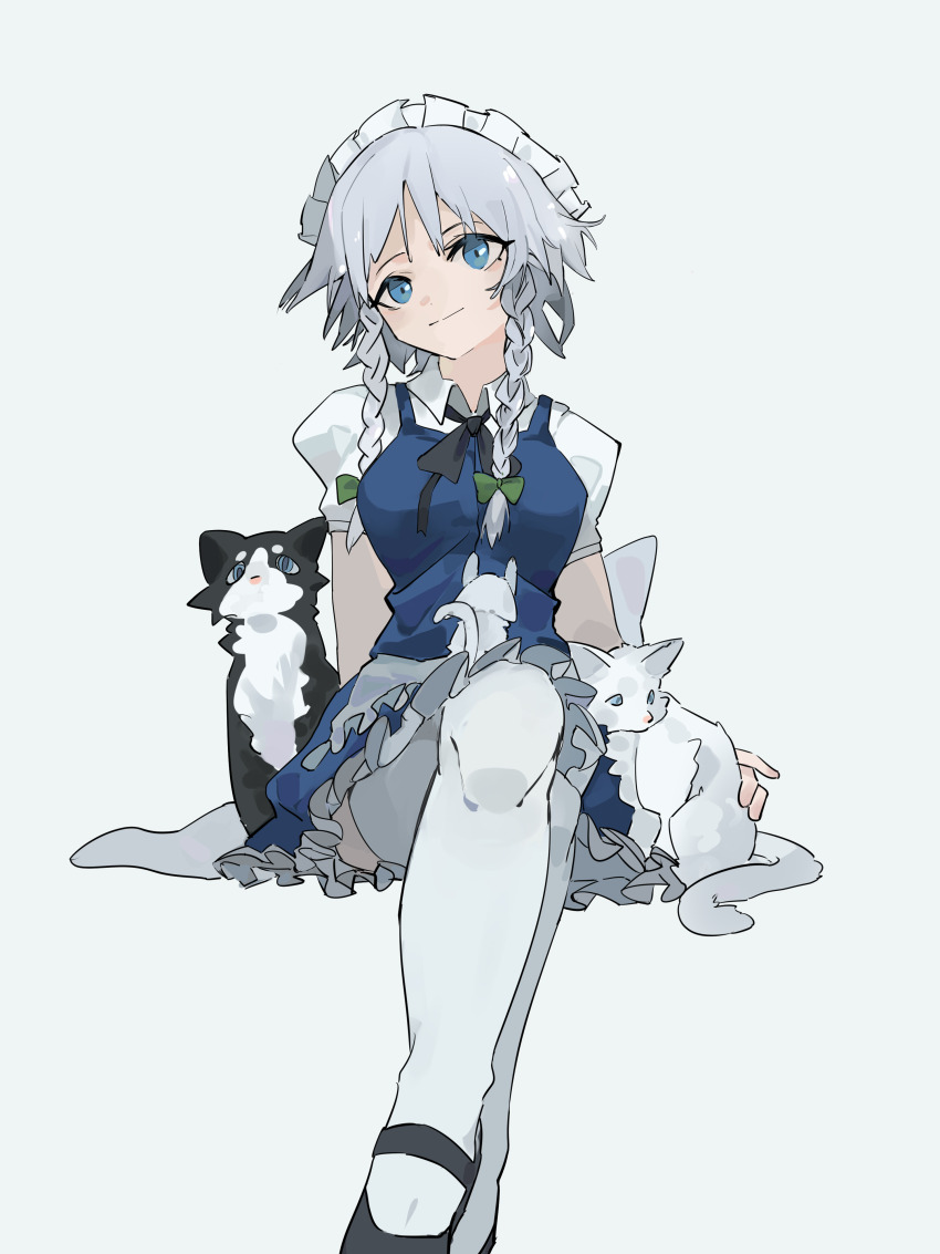 1girl absurdres apron black_cat black_ribbon black_shoes blue_dress bow braid braided_sidelock breasts cat commentary crossed_legs dantuodayo dress foreshortening green_bow grey_hair hair_bow highres invisible_chair izayoi_sakuya looking_ahead maid maid_apron maid_headdress medium_breasts neck_ribbon pinafore_dress puffy_short_sleeves puffy_sleeves ribbon shirt shoes short_hair short_sleeves simple_background sitting sleeveless sleeveless_dress smile solo thighhighs touhou twin_braids waist_apron white_apron white_background white_cat white_shirt white_thighhighs