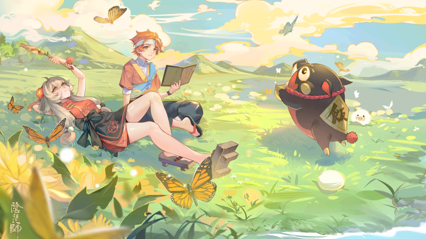 1boy 1girl absurdres ahoge arm_behind_head bird black_pants black_skirt blue_sash boar breasts brown_hair bug butterfly closed_mouth cloud cloudy_sky commentary day dress fish_(food) food food_on_face fried_fish geta grass grin hair_bobbles hair_ornament headband highres holding holding_stick indian_style insect long_hair looking_at_object looking_at_viewer looking_up lying medium_breasts mishige_(onmyoji) mountainous_horizon nianbingzi on_back onmyoji orange_butterfly orange_eyes orange_hair orange_shirt outdoors overskirt pants red_dress sandals sash shirt shokurei_(onmyoji) short_sleeves sitting skirt sky sleeveless sleeveless_dress smile stick tree twintails white_bird white_butterfly white_headband white_shirt yellow_eyes zouri