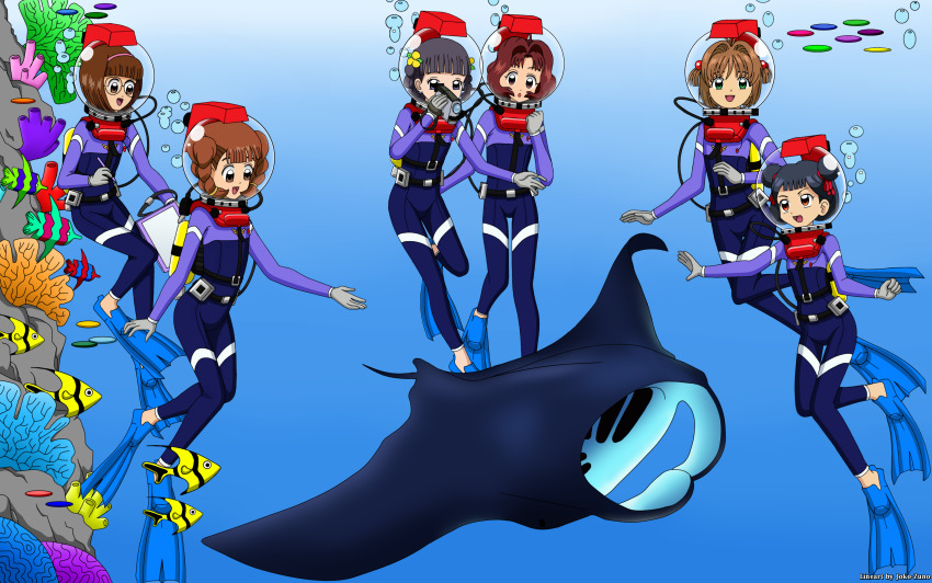6+girls absurdres black_hair bodysuit braid brown_eyes brown_hair camcorder cardcaptor_sakura clipboard daidouji_tomoyo diving_suit fish green_eyes hair_bun hair_intakes hairband highres kinomoto_sakura li_meiling manta_ray mihara_chiharu multiple_girls sasaki_rika the-sakura-samurai underwater video_camera wetsuit yanagisawa_naoko