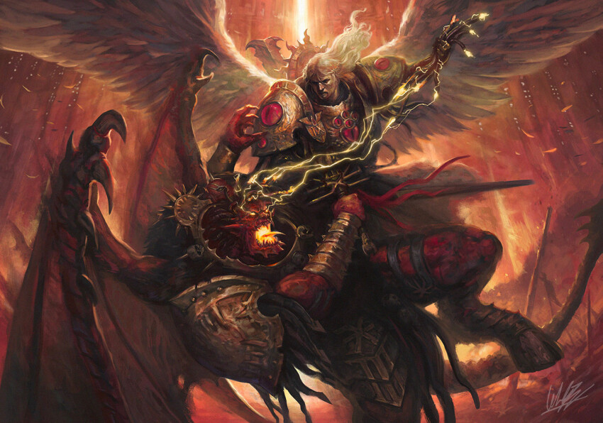 2boys angel_wings angron armlet armor battle blonde_hair cable chaos_(warhammer) commentary demon demon_tail demon_wings english_commentary fingernails glowing glowing_eyes glowing_mouth gold_armor hair_tubes heresy holding holding_sword holding_weapon hooves jewelry kheljay laurel_crown lightning long_hair lost_primarchs multiple_boys open_mouth ornate_armor pauldrons power_armor primarch pulling sanguinius sharp_fingernails sharp_teeth shoulder_armor spiked_armlet spiked_armor spiked_tail sword tail teeth tube warhammer_40k weapon wings