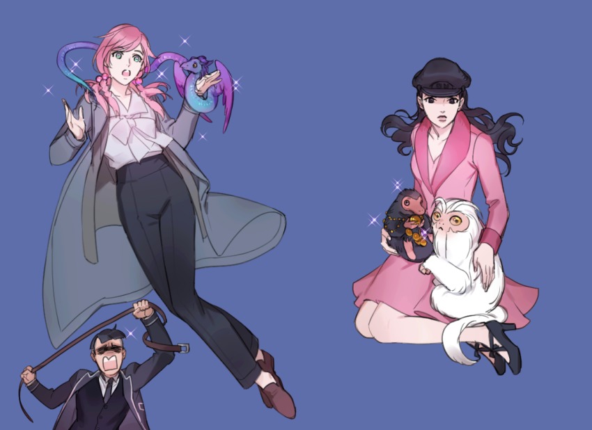 1boy 2girls aqua_eyes belt black_eyes black_hair braid coat crossover dragon dress fantastic_beasts_and_where_to_find_them harry_potter_(series) hat higashikata_joshu hirose_yasuho jojo_no_kimyou_na_bouken jojolion multiple_girls necktie niffler nijimura_kei open_mouth parody pink_dress pink_hair reammara sitting sparkle wizarding_world yokozuwari