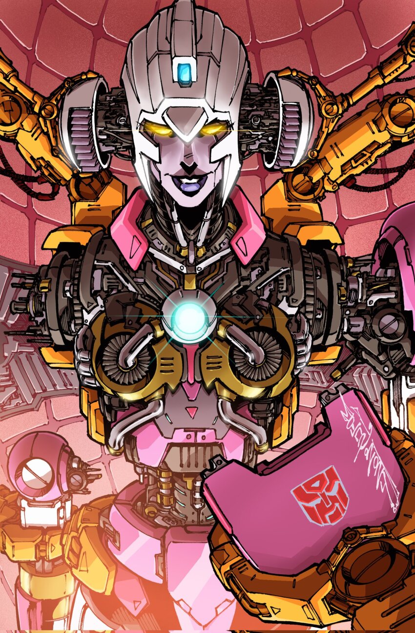 1girl alex_milne arcee autobot disassembly exposed_internal_machinery glowing glowing_eyes helmet highres humanoid_robot insignia machinery metal_skin purple_lips robot robot_girl solo the_transformers_(idw) transformers yellow_eyes