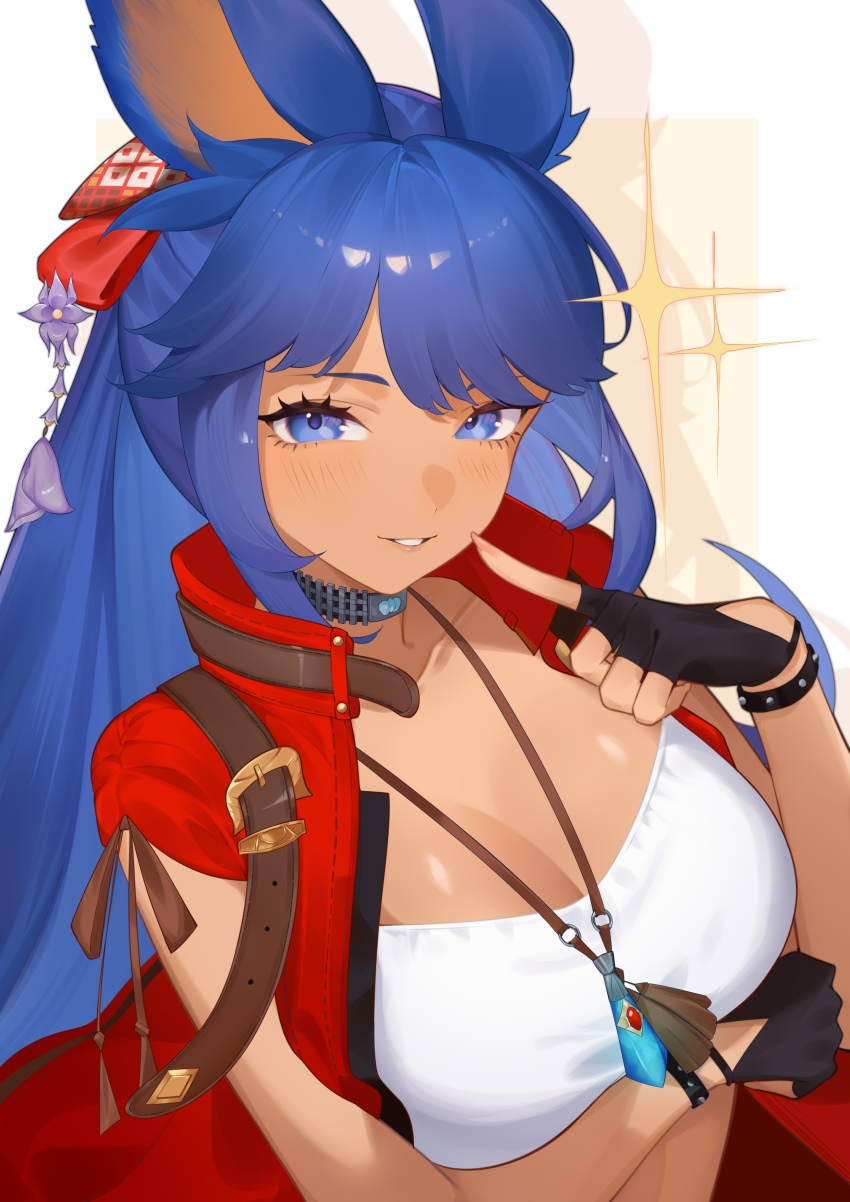 1girl absurdres animal_ears black_gloves blue_eyes blush breasts choker cleavage commission commissioner_upload crop_top final_fantasy final_fantasy_xiv gloves highres jacket jewelry necklace non-web_source ponytail rabbit_girl red_jacket sechipuu shion_(blue_bnnuy) simple_background smile viera warrior_of_light_(ff14)