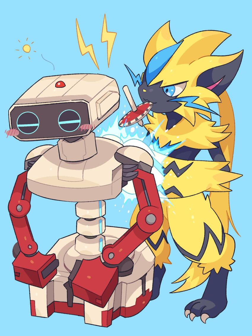 1other blue_background blue_eyes blush_stickers claws commission company_connection crossover family_computer_robot full_body gen_7_pokemon highres legendary_pokemon mouth_hold mythical_pokemon nintendo pokemon pokemon_(creature) robot simple_background spinning_top yasaikakiage zeraora