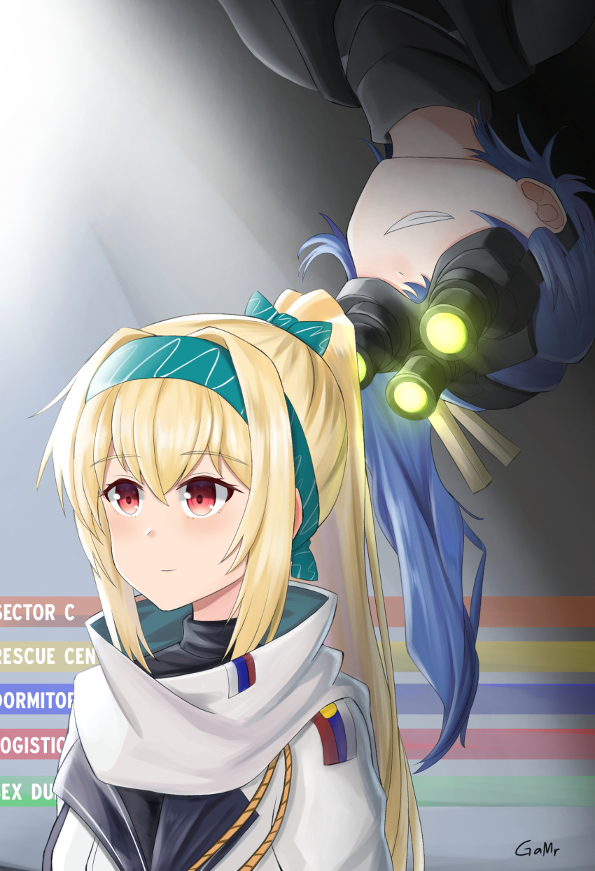 2girls blonde_hair blue_hair gamryous girls&#039;_frontline gloves hairband highres k11_(girls&#039;_frontline) long_hair multiple_girls night-vision_device ponytail red_eyes scarf smile sneaking sneaking_suit splinter_cell sv-98_(girls&#039;_frontline) sv-98_(mod3)_(girls&#039;_frontline) white_uniform