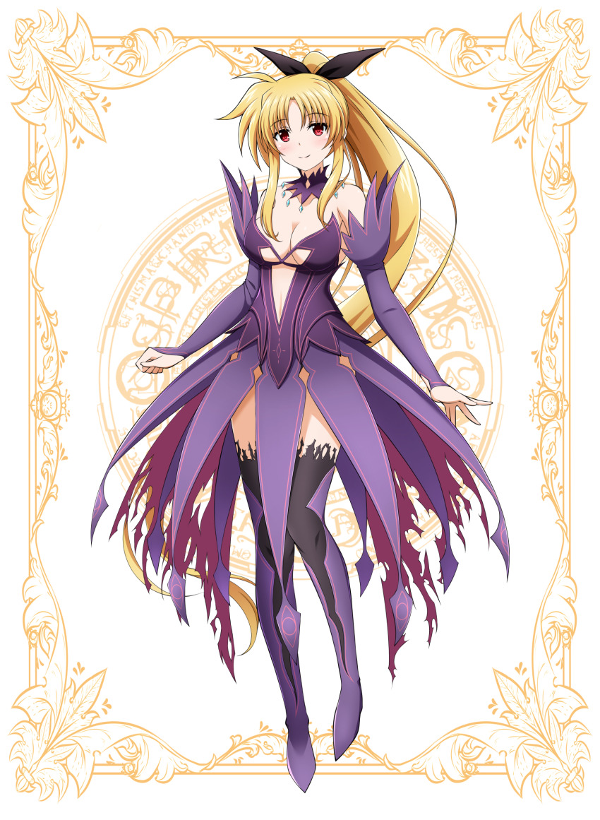 1girl black_hairband blonde_hair blush boots breasts card_(medium) cleavage closed_mouth collarbone cosplay detached_collar detached_sleeves dress fate_testarossa floating_hair full_body hairband high_ponytail highres large_breasts long_hair long_sleeves looking_at_viewer lyrical_nanoha mahou_shoujo_lyrical_nanoha maxima_sakuya_enfield maxima_sakuya_enfield_(cosplay) mizuki_nana oshimaru026 parted_bangs ponytail purple_boots purple_dress purple_sleeves red_eyes revealing_clothes shining_(series) smile solo very_long_hair voice_actor_connection