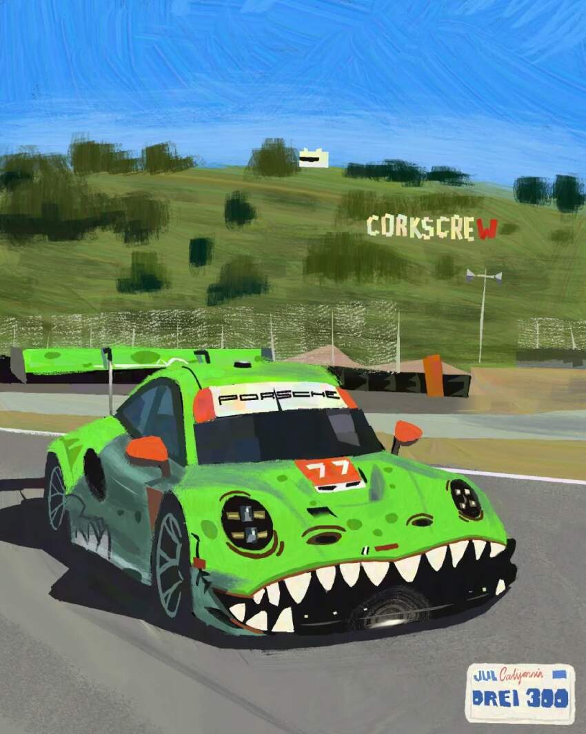 andreii3000 ao_racing california car chibi commentary green_car highres hill imsa_sportscar_championship laguna_seca_raceway license_plate motor_vehicle photo-referenced porsche porsche_911 porsche_992 race_vehicle racecar rexy_(ao_racing) spoiler_(automobile) symbol-only_commentary tree vehicle_focus