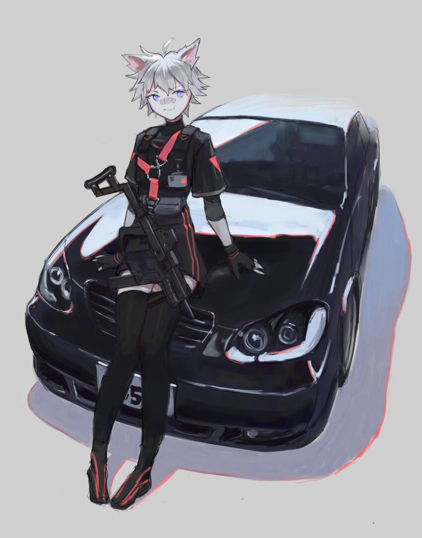 1girl ahoge animal_ears arm_support bandaid bandaid_on_face bandaid_on_nose black_bag black_car black_gloves black_shirt black_shoes black_skirt black_thighhighs blue_eyes car chest_harness chest_rig closed_mouth double-parted_bangs fingerless_gloves flat_chest full_body gloves grey_background gun gun_sling hair_between_eyes half-closed_eyes harness high-waist_skirt highres id_card invisible_floor kriss_vector layered_clothes leaning_back legs_together long_eyelashes long_legs long_sleeves looking_at_viewer miniskirt motor_vehicle on_car original shadow shirt shoes short_hair sidelocks simple_background sitting skirt smile solo spiked_hair submachine_gun thick_eyelashes thighhighs thighs turtleneck turtleneck_shirt underbust vehicle_request vertigris weapon white_hair zettai_ryouiki