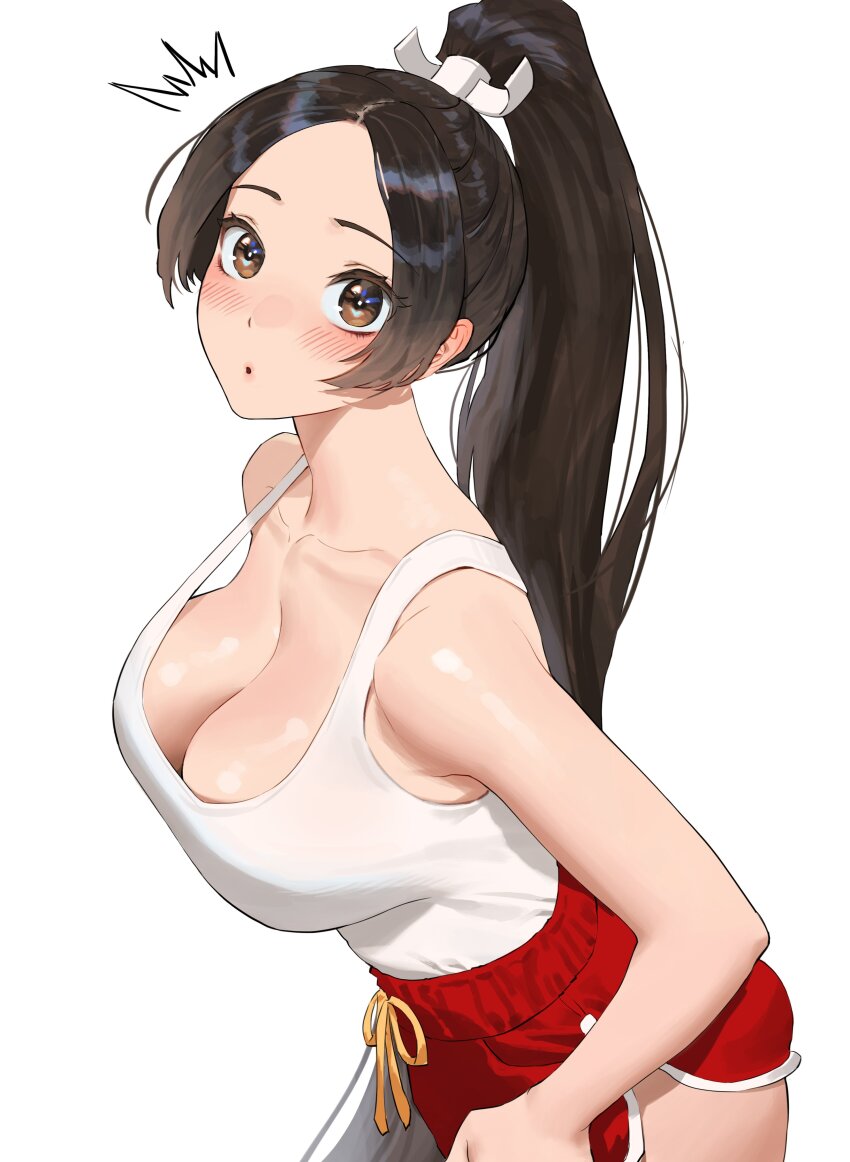 1girl :o ^^^ absurdres bare_arms black_hair blush breasts brown_eyes cleavage collarbone commentary dolphin_shorts english_text fatal_fury high_ponytail highres large_breasts looking_at_viewer notice_lines official_alternate_costume open_mouth ponytail red_shorts shiranui_mai short_shorts shorts simple_background solo street_fighter street_fighter_6 tank_top white_background white_tank_top wonbin_lee
