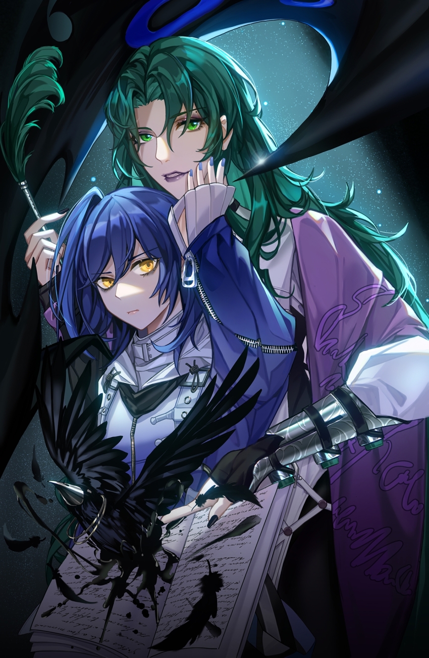2girls aji_(a.ki) bags_under_eyes bandana bird black_bandana black_bird black_nails blue_hair blue_jacket blue_nails book chinese_commentary commentary crache_(path_to_nowhere) crow curly_hair curtained_hair eyeshadow gradient_clothes gradient_jacket green_eyes hand_on_another&#039;s_face highres holding holding_book holding_quill hug hug_from_behind ink ink_splatter jacket light_particles long_hair looking_at_viewer makeup medium_hair mole mole_above_eye multiple_girls nail_polish one_side_up open_book parted_bangs path_to_nowhere purple_eyeshadow purple_lips purple_shawl quill raven_(path_to_nowhere) sharp_teeth shawl shirt star_(sky) teeth white_shirt yellow_eyes zipper zipper_pull_tab