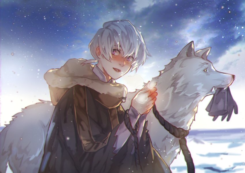 1boy androgynous blush brown_coat cloud cloudy_sky coat dog fumetsu_no_anata_e fur_trim fushi gloves hair_between_eyes holding holding_gloves holding_unworn_clothes joan_(fumetsu_no_anata_e) katagawa_mika leash low_ponytail night night_sky open_mouth ponytail purple_eyes short_hair sky snow steam the_nameless_boy_(fumetsu_no_anata_e) unworn_gloves upper_body white_fur white_hair