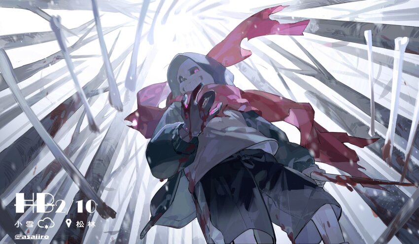 1boy alternate_universe asaiiro blood blood_on_clothes blood_on_hands bloody_weapon bone dappled_sunlight dated day english_text facing_viewer grey_jacket grey_mittens highres holding holding_weapon hood hooded_jacket jacket looking_to_the_side mittens open_clothes open_jacket outdoors red-eye_effect red_scarf sans_(undertale) scarf shirt skeleton smile snowflakes snowing sunlight tree twitter_username undertale weapon white_shirt wind