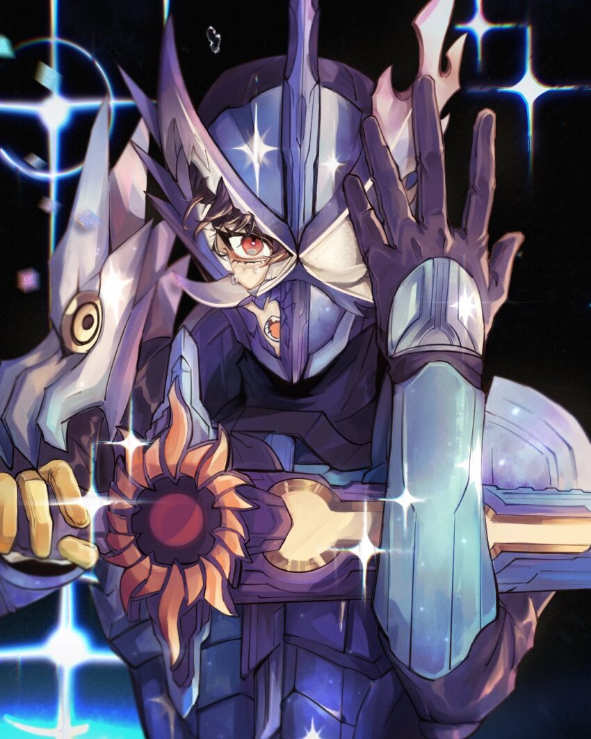 1boy armor asymmetrical_armor asymmetrical_gloves blue_theme bodysuit broken_helmet dragon gloves helmet highres holding holding_sword holding_weapon horns kamen_rider kamen_rider_saber kamen_rider_saber_(series) kamen_rider_xross_saber knight looking_at_viewer male_focus mask meowq simple_background solo sparkle sword tokusatsu weapon white_eyes